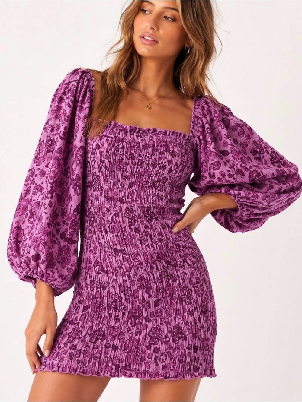 Free People Purple Floral Smocked Mini Dress with Puff Sleeves
